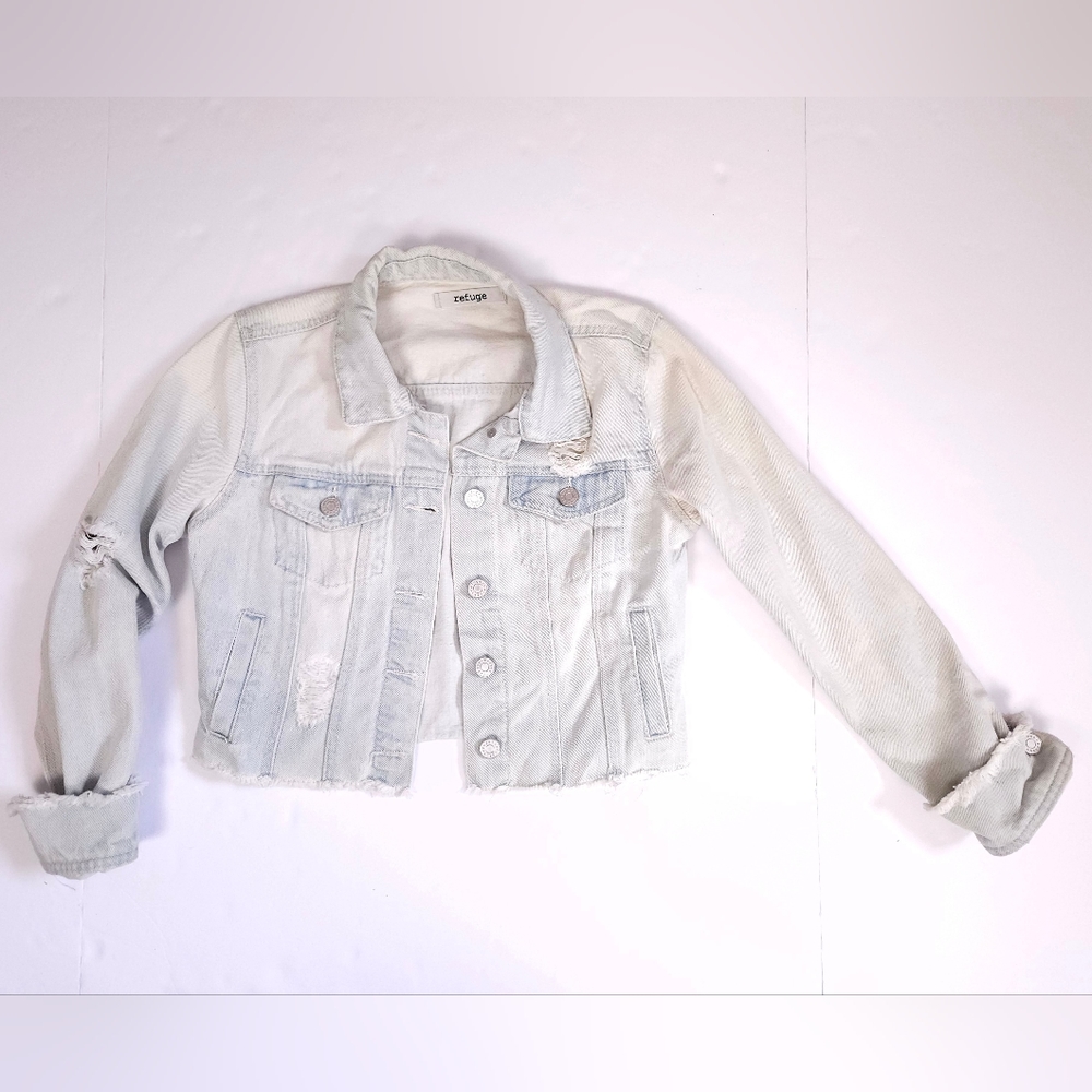 Refuge Cropped Light Wash Denim Jacket Distressed Women's XS